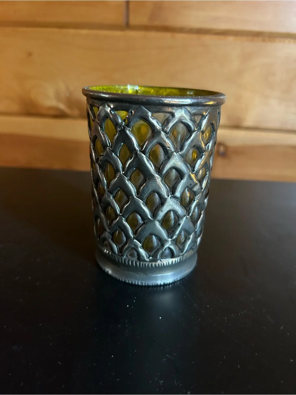 Amber Glass and Silver Plated Lattice Votive Holder
